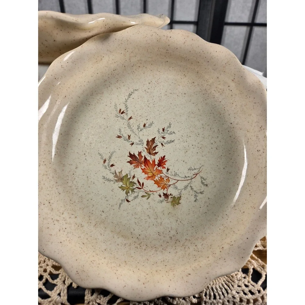 Vintage Speckled Stoneware Pie Plate Set Sunflowers Autumn Leaves Ruffled 1